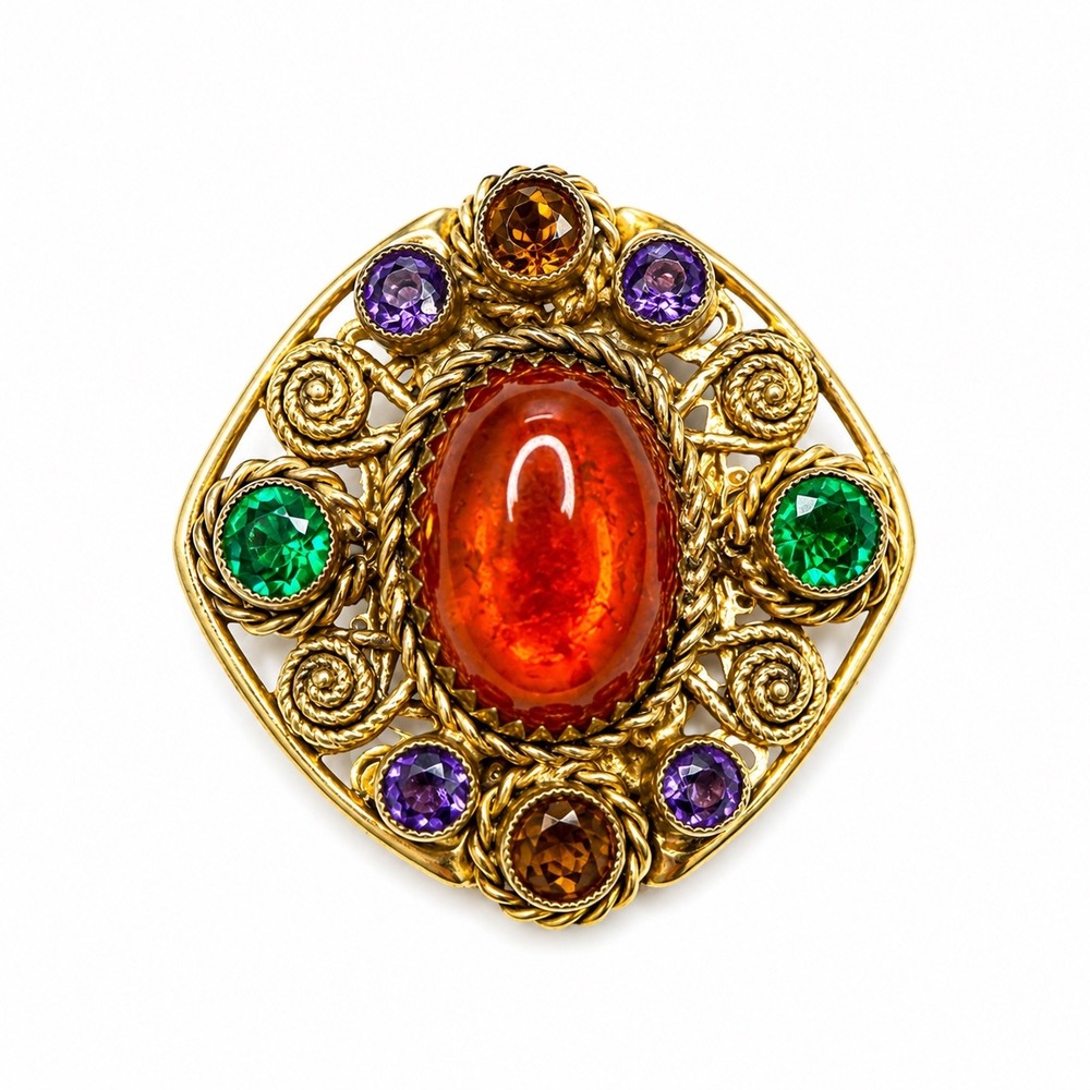 Vintage Czechoslovakia Czech Glass Brooch Red Green Purple Filigree Art Deco